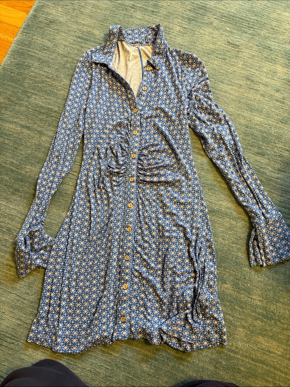 Free People Blue Printed Long-Sleeve Button Dress